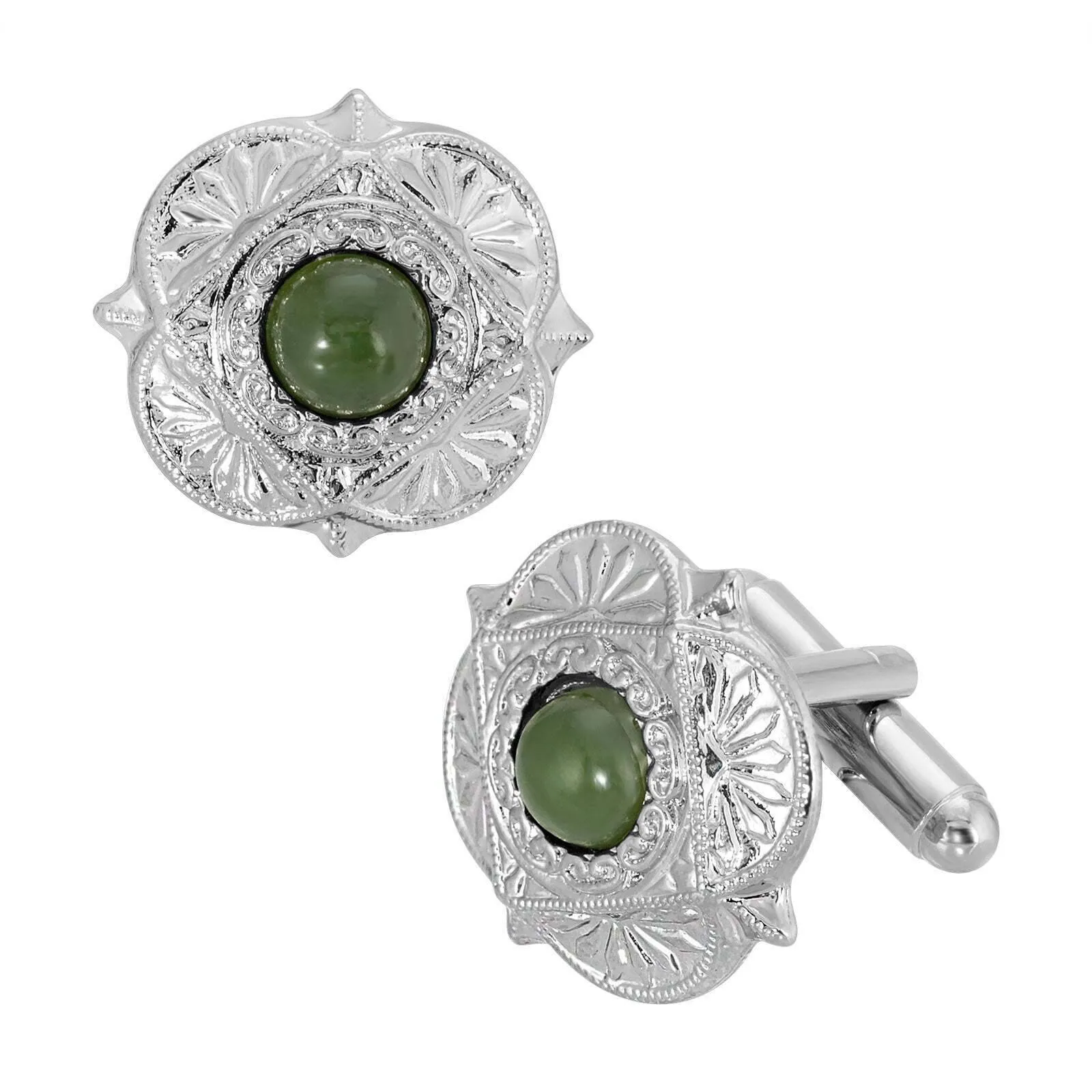 1928 Jewelry Round Green Jade Gemstone Cufflinks