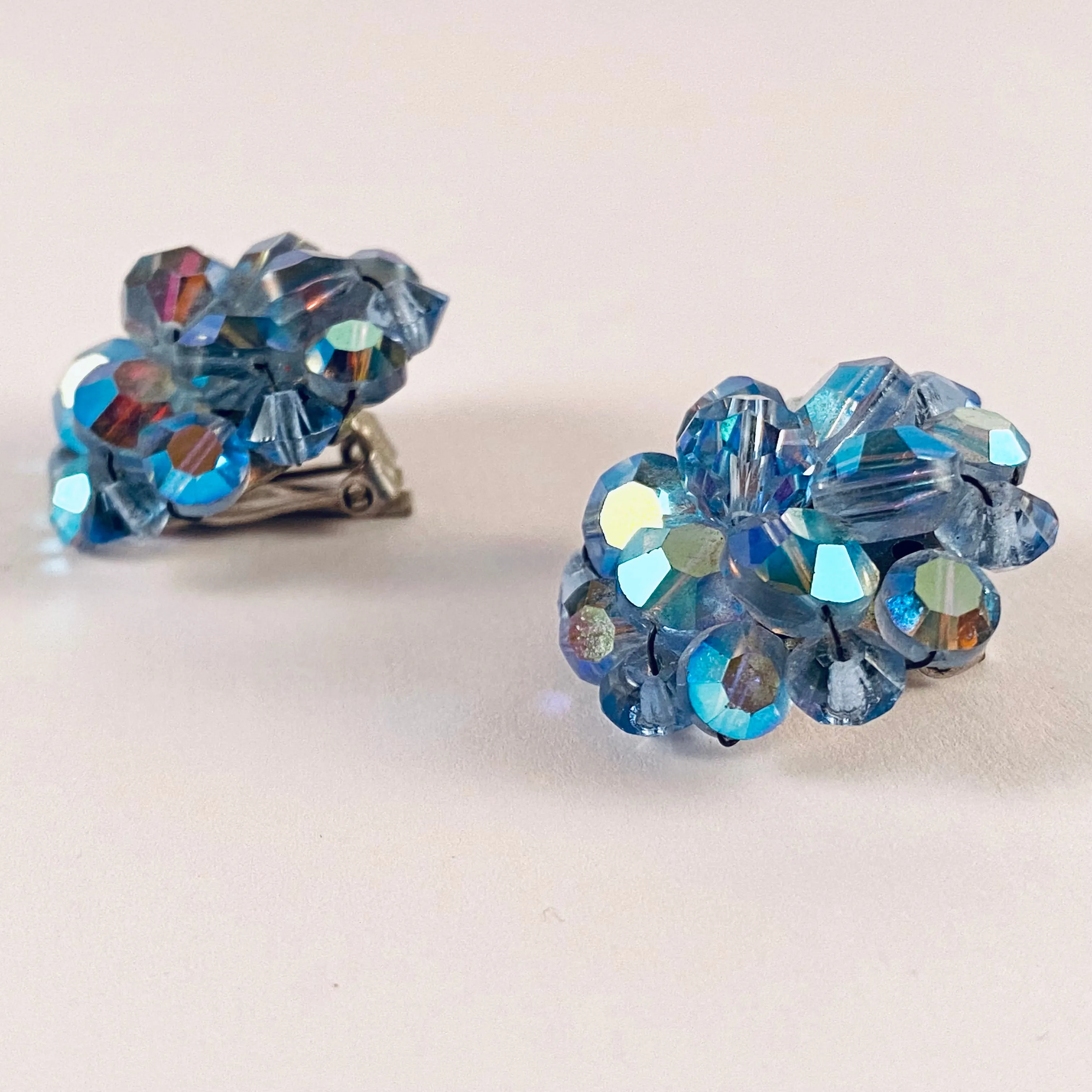 1960s Blue Aurora Borealis Bead Earrings