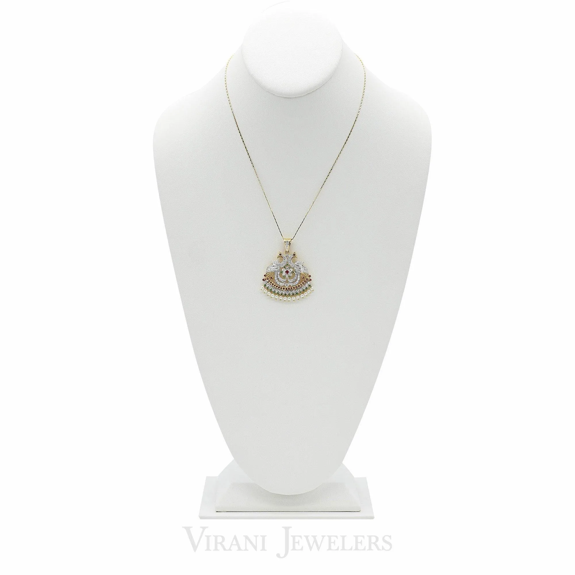 2.23CT Diamond Bisou Peacock Necklace & Earring Set in 18K Yellow Gold W/ Multi Gems