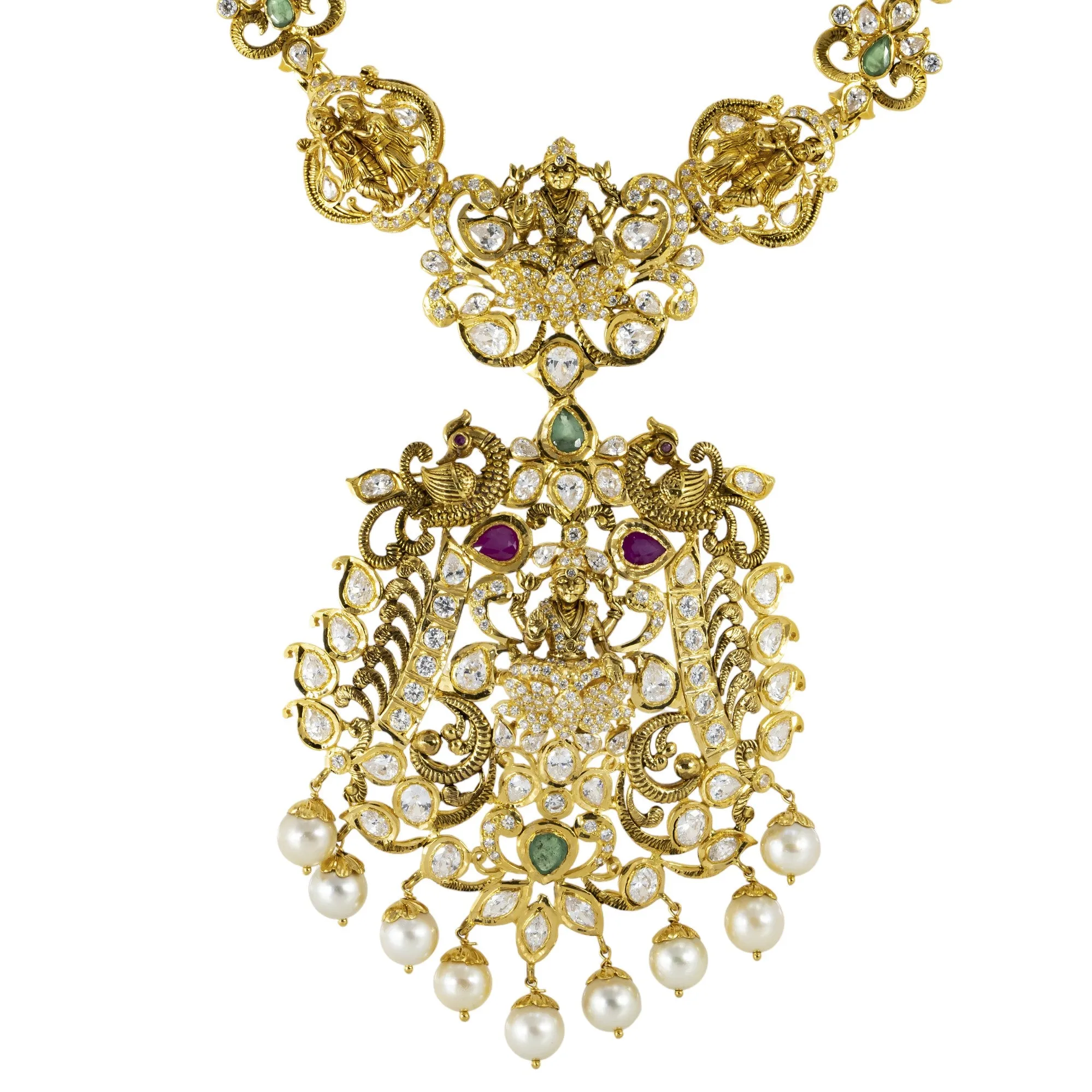 22K Antique Gold, Emerald, Ruby, Pearl, and CZ Temple Necklace Set (136.9gm)