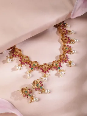 22K Gold-Plated Emerald & Ruby Pink Studded Flora Detail Jewellery Set with Pearl Drops