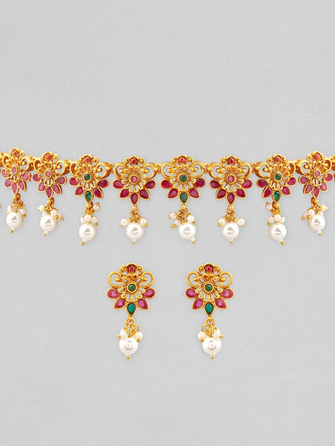 22K Gold-Plated Emerald & Ruby Pink Studded Flora Detail Jewellery Set with Pearl Drops