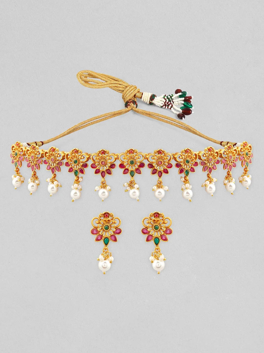 22K Gold-Plated Emerald & Ruby Pink Studded Flora Detail Jewellery Set with Pearl Drops