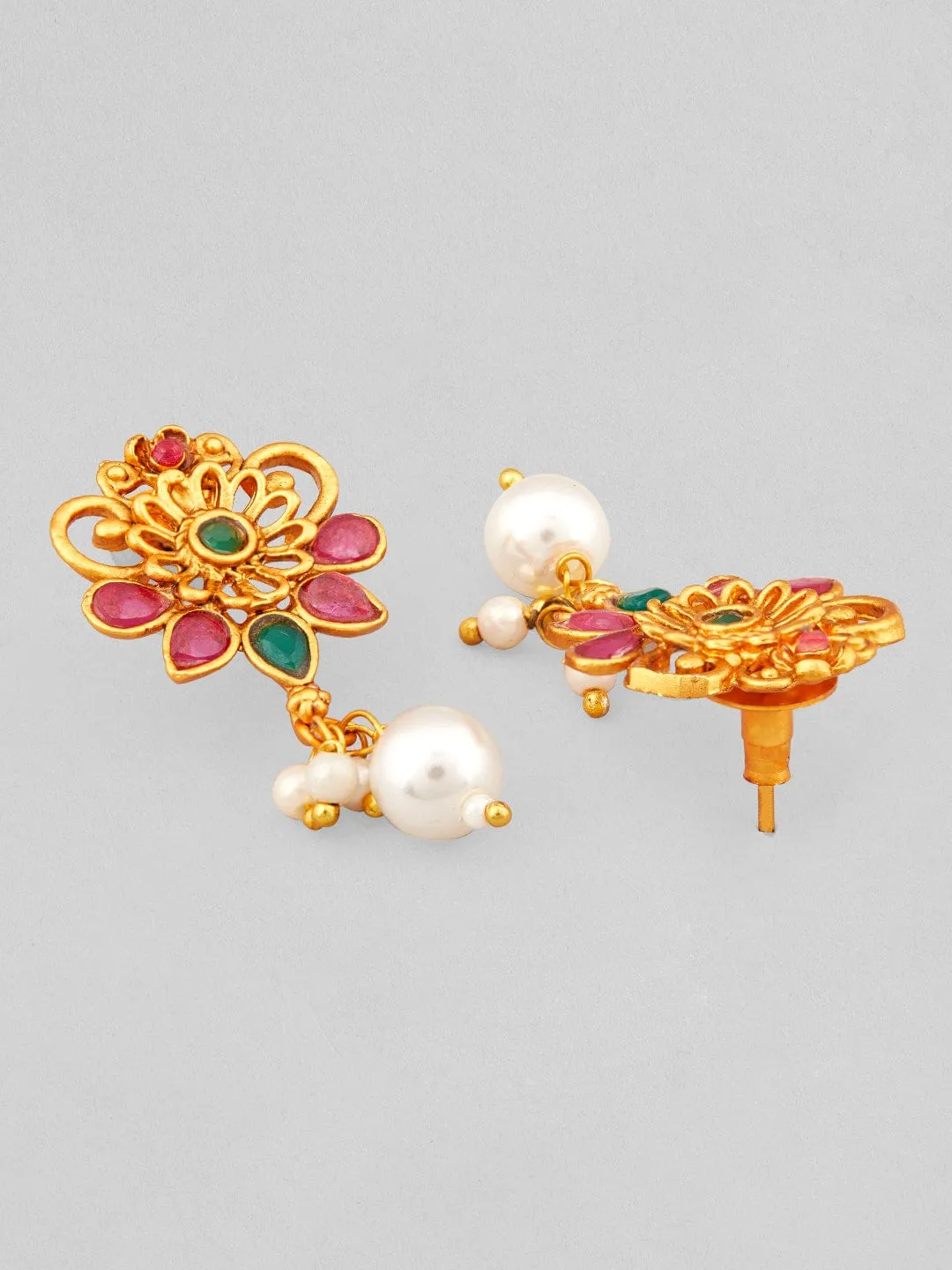 22K Gold-Plated Emerald & Ruby Pink Studded Flora Detail Jewellery Set with Pearl Drops