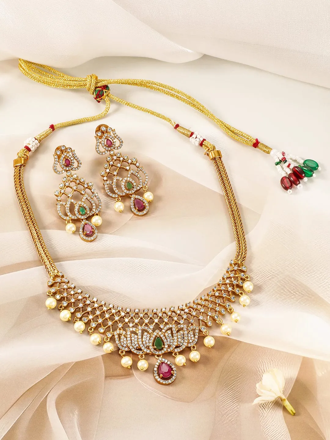 22K Gold-Plated Ruby, Emerald & CZ Studded Lotus Motif Jewellery Set with Pearl Drop