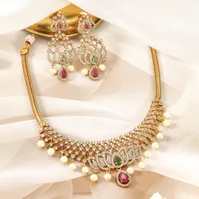 22K Gold-Plated Ruby, Emerald & CZ Studded Lotus Motif Jewellery Set with Pearl Drop