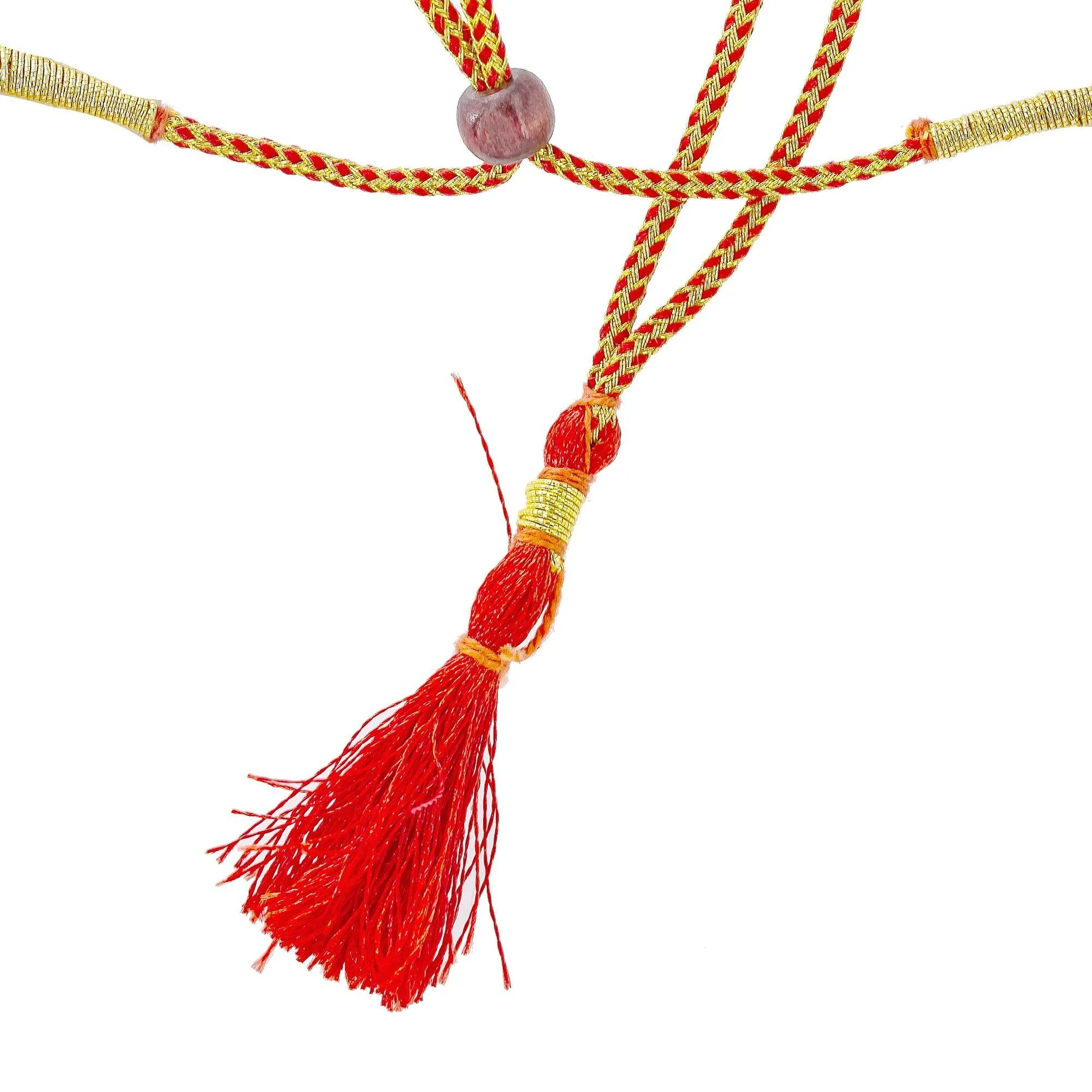 22K Yellow Antique Gold Laxmi Pendant Necklace W/ Rubies, Pearls, Triple Strands & Adjustable Drawstring Closure