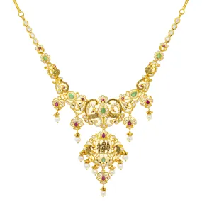 22K Yellow Gold 20 Inch Temple Necklace w/ Emerald, Ruby, Pearls & CZ (50.1gm)