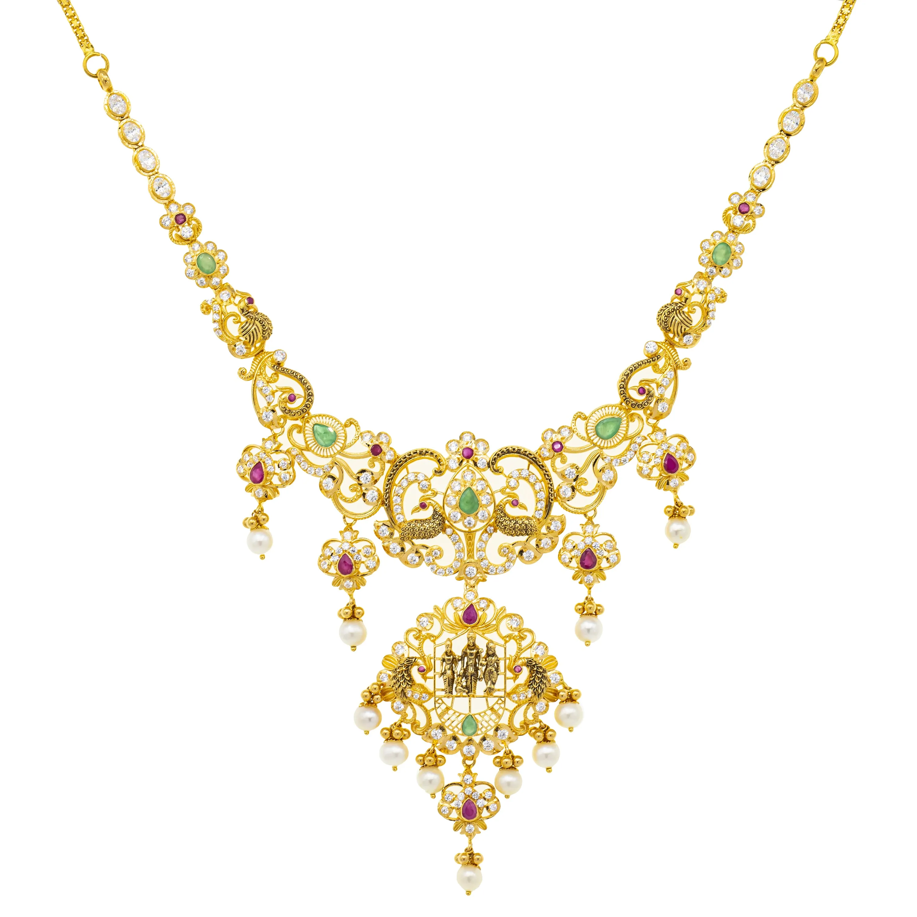 22K Yellow Gold 20 Inch Temple Necklace w/ Emerald, Ruby, Pearls & CZ (50.1gm)