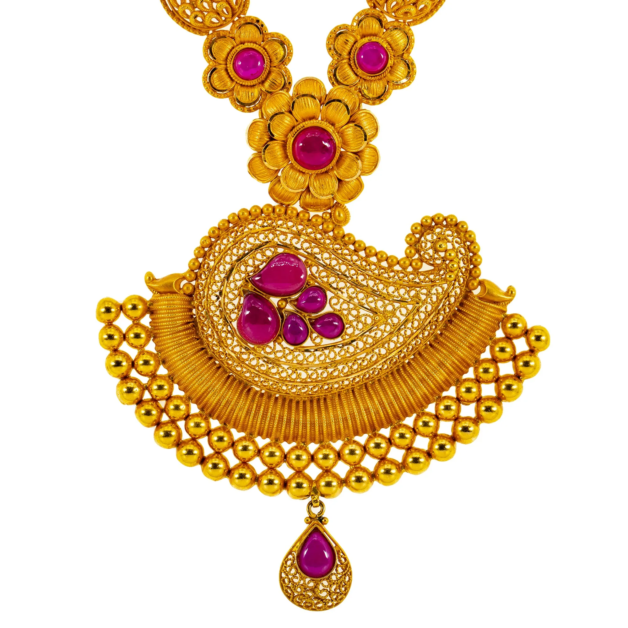 22K Yellow Gold & Ruby Necklace & Chandbali Earrings Set (97.3 grams)