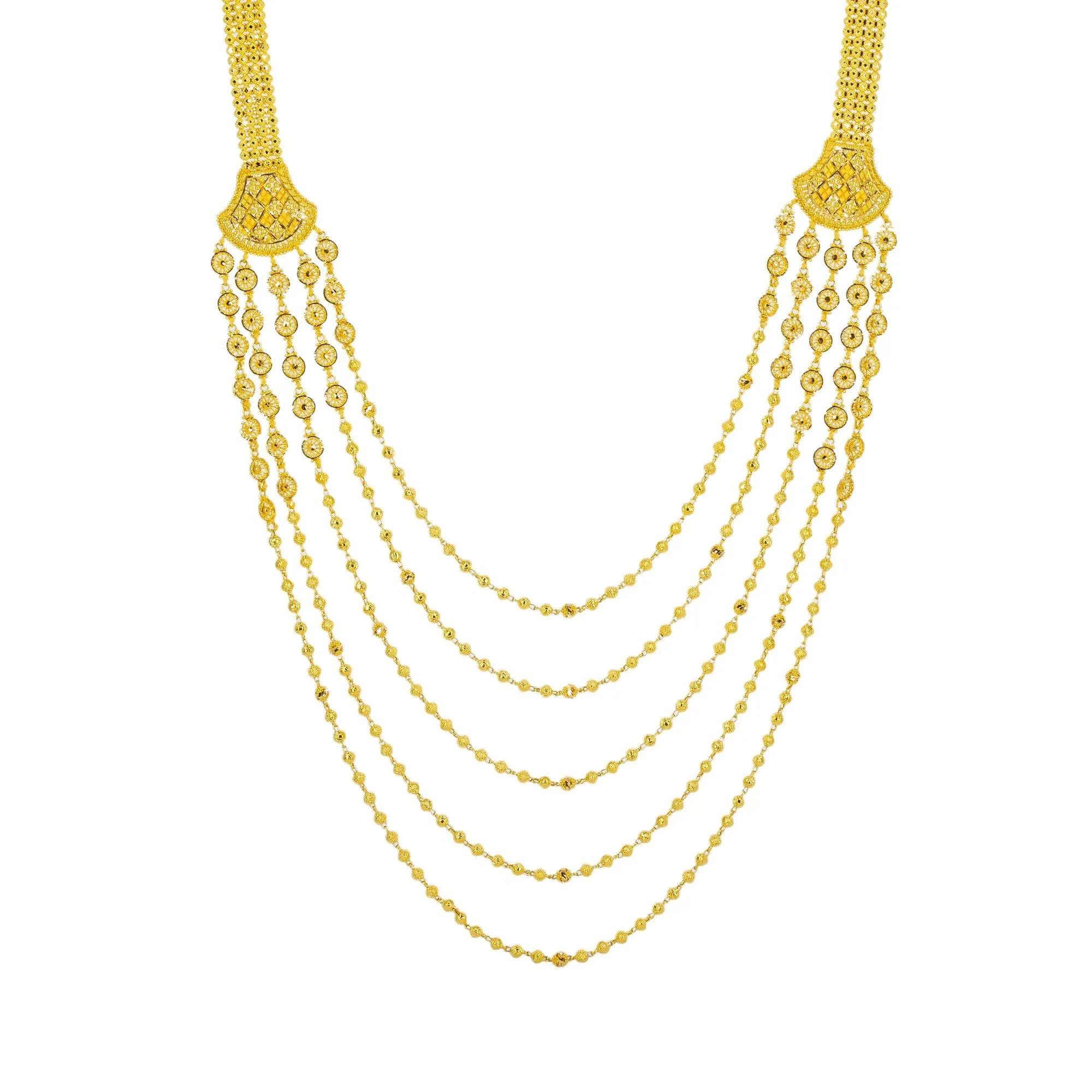 22K Yellow Gold Long Necklace & Jhumki Earrings Set W/ Draping Gold Beaded Strands