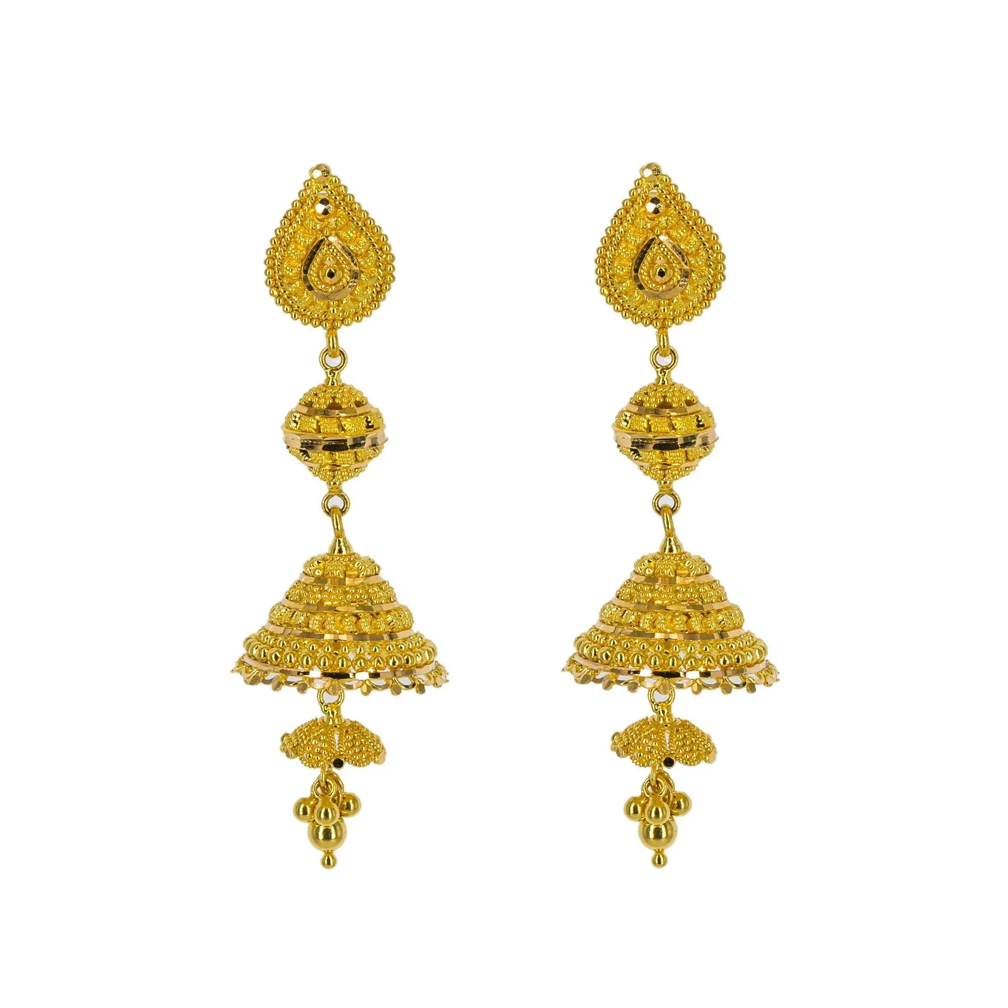 22K Yellow Gold Long Necklace & Jhumki Earrings Set W/ Draping Gold Beaded Strands