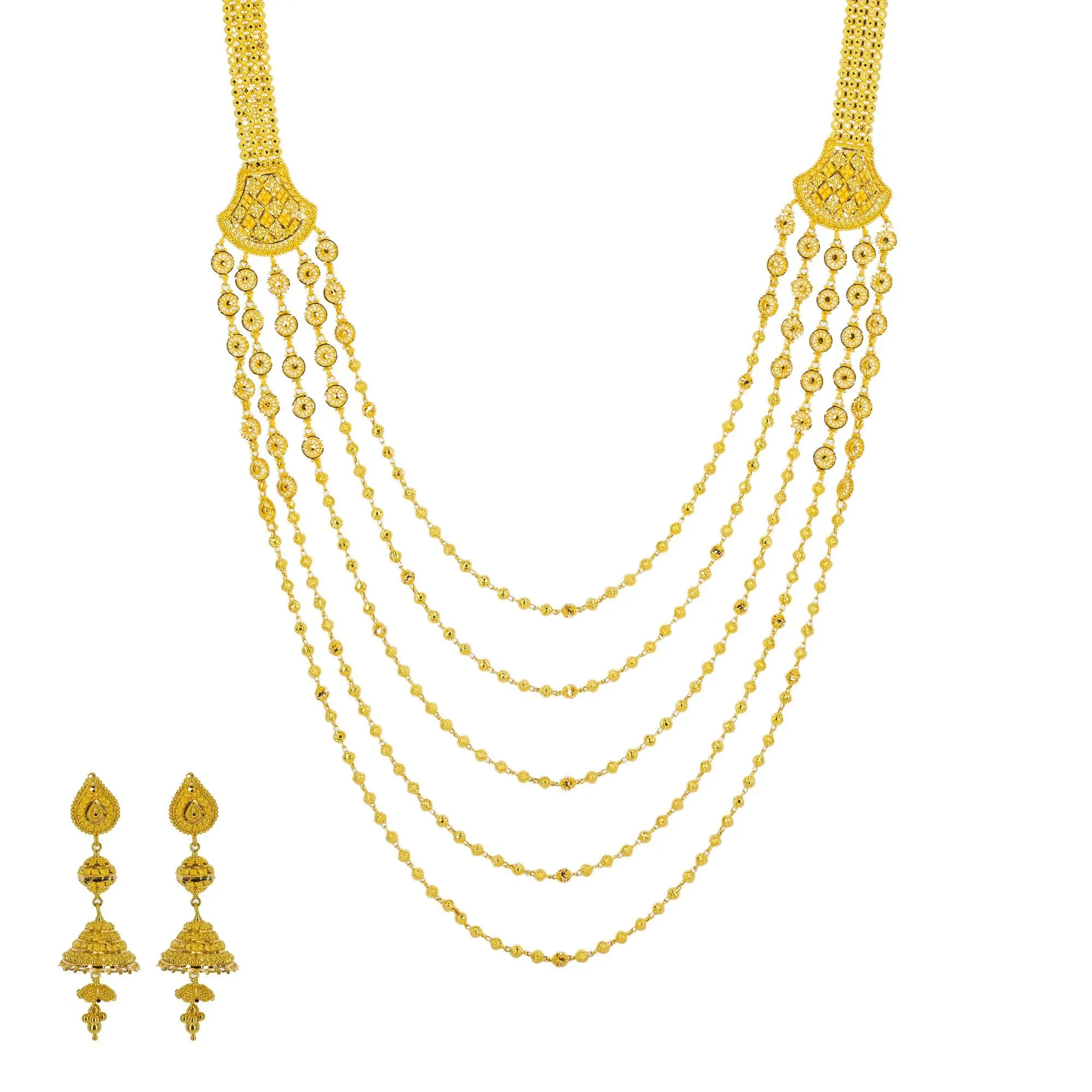 22K Yellow Gold Long Necklace & Jhumki Earrings Set W/ Draping Gold Beaded Strands