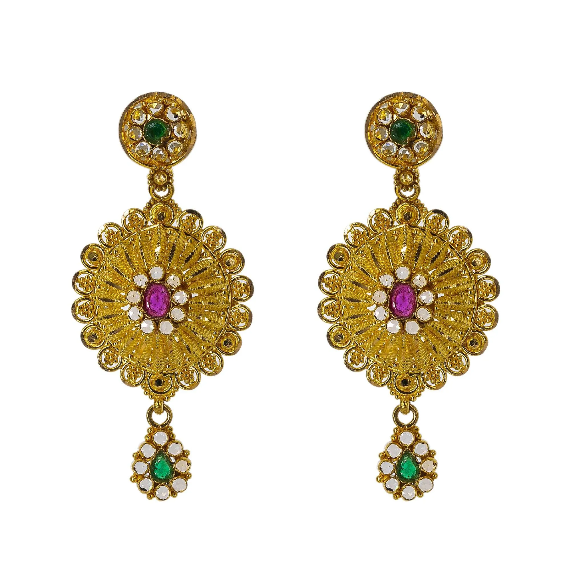 22K Yellow Gold Necklace Set W/ Emeralds, Rubies, CZ Gems & Large Flower Pendants