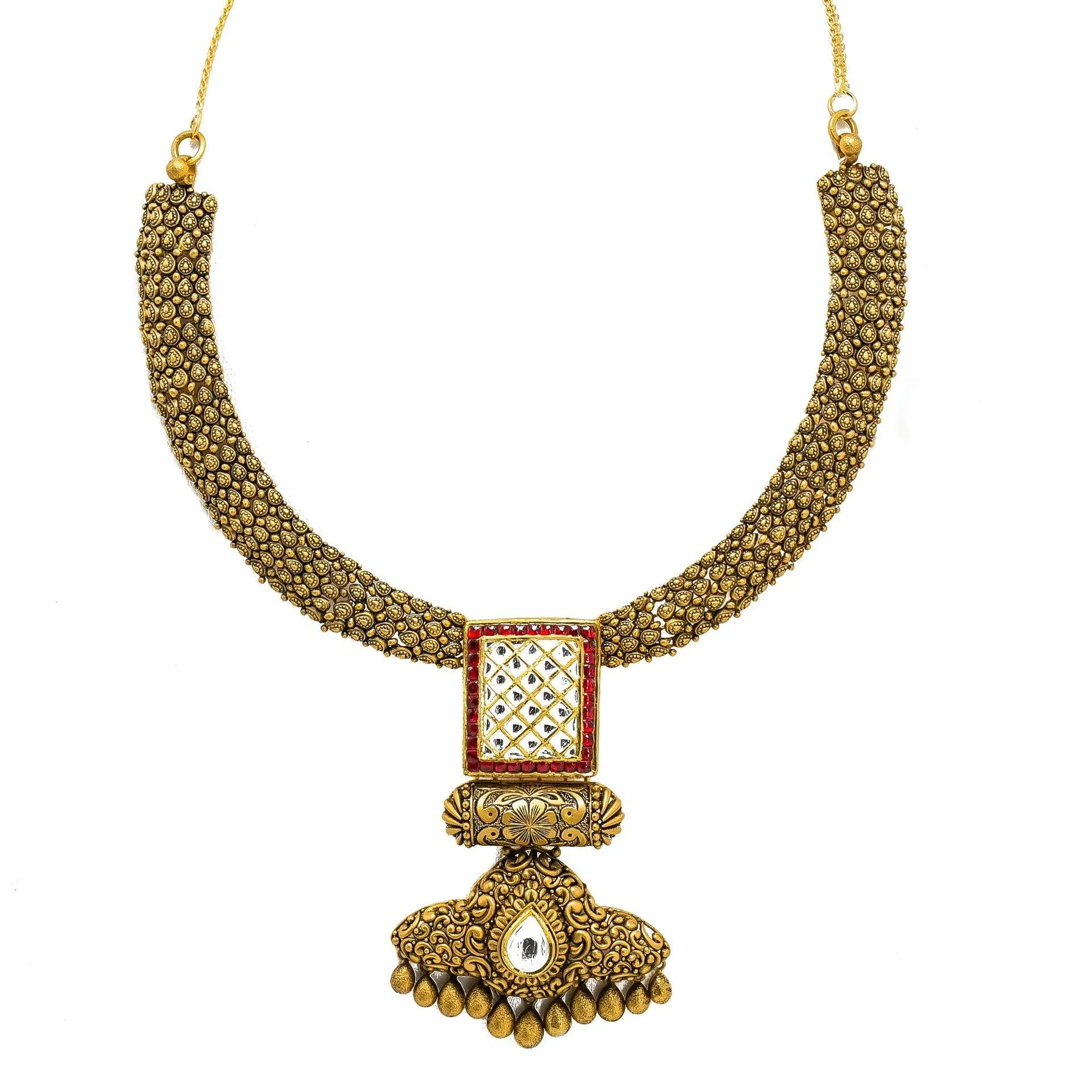 22K Yellow Gold Temple Necklace & Earring Set W/ Kundan & Rubies on Jewelled Double Drop Square Pendant