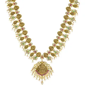 22K Yellow Gold Temple Necklace w/ Emerald, Ruby, Pearl & CZ (87.2gm)