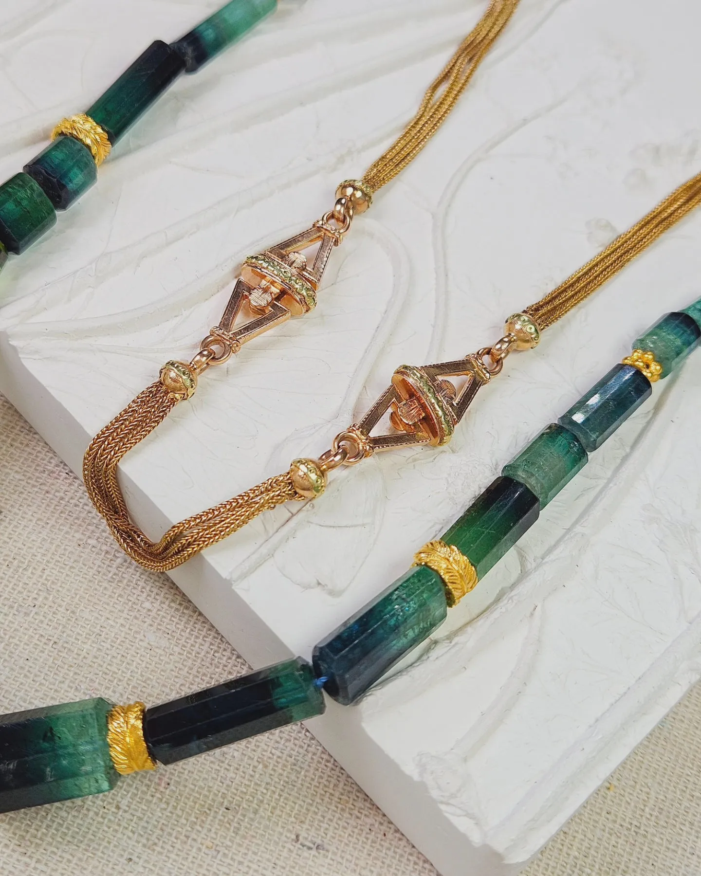 2IN1 - 18K Solid Two-Tone Gold Antique Watch Chain & Natural Green Tourmaline Faceted Barrel Gemstone Necklace