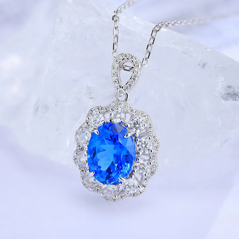 3.0 Carat Oval Lab Created Paraiba Gemstone Halo Pendant Necklace in S925 Silver Plating