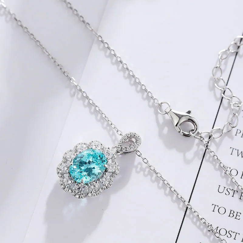 3.0 Carat Oval Lab Created Paraiba Gemstone Halo Pendant Necklace in S925 Silver Plating