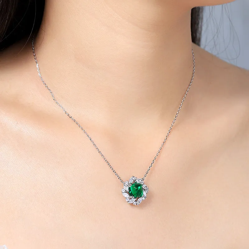 3.3 Carat Square Lab Created Gemstone Necklace with Petal Halo in S925 Silver Plating