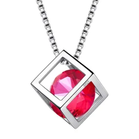 3D Cube Birthstone July Ruby Necklace Pendant Women Girls Jewelry Birthday Gift Sterling Silver