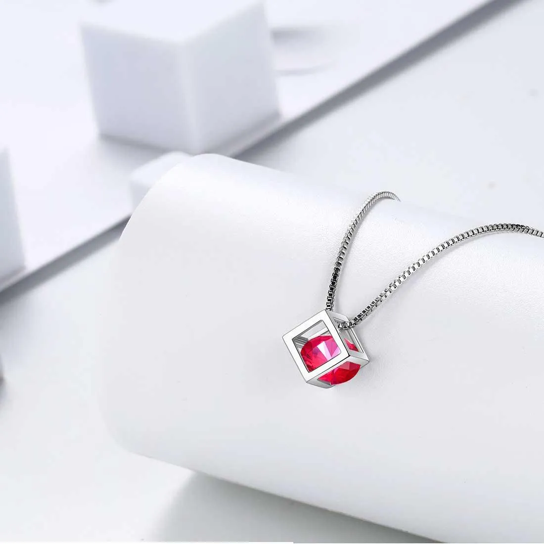 3D Cube Birthstone July Ruby Necklace Pendant Women Girls Jewelry Birthday Gift Sterling Silver