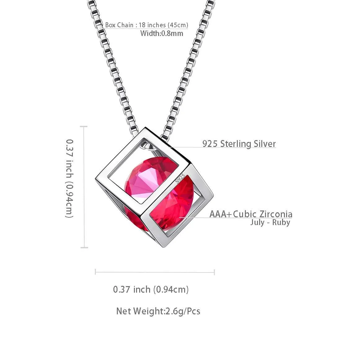 3D Cube Birthstone July Ruby Necklace Pendant Women Girls Jewelry Birthday Gift Sterling Silver