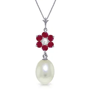 4.53 Carat 14K Solid White Gold Necklace Natural Pearl, Ruby Diamond