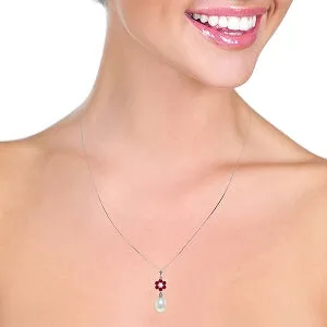 4.53 Carat 14K Solid White Gold Necklace Natural Pearl, Ruby Diamond