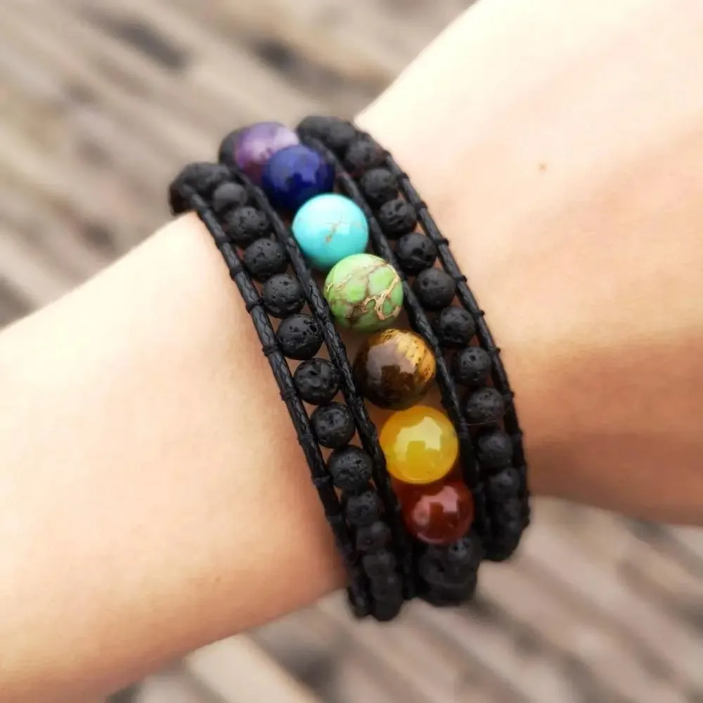 7 Chakra Black Lava Stone Wrap Bracelet