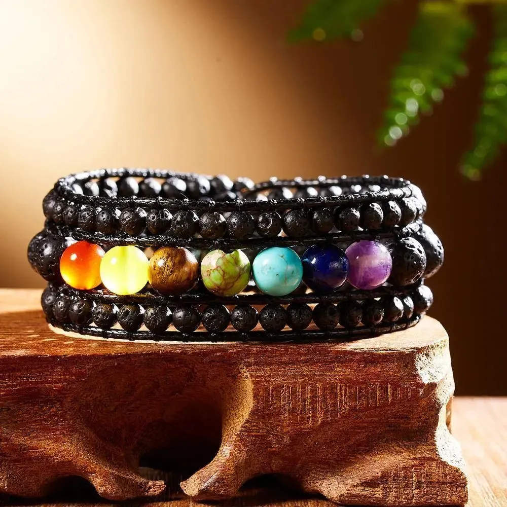 7 Chakra Black Lava Stone Wrap Bracelet