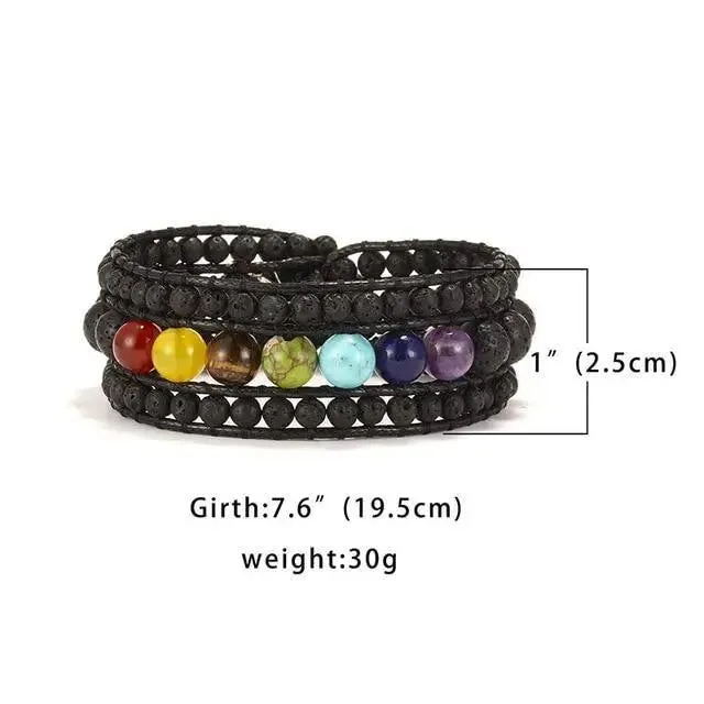 7 Chakra Black Lava Stone Wrap Bracelet