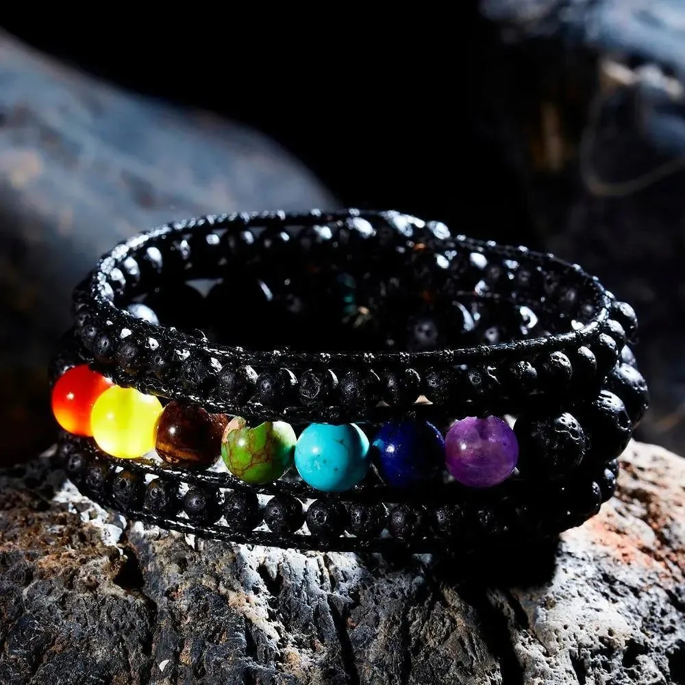 7 Chakra Black Lava Stone Wrap Bracelet