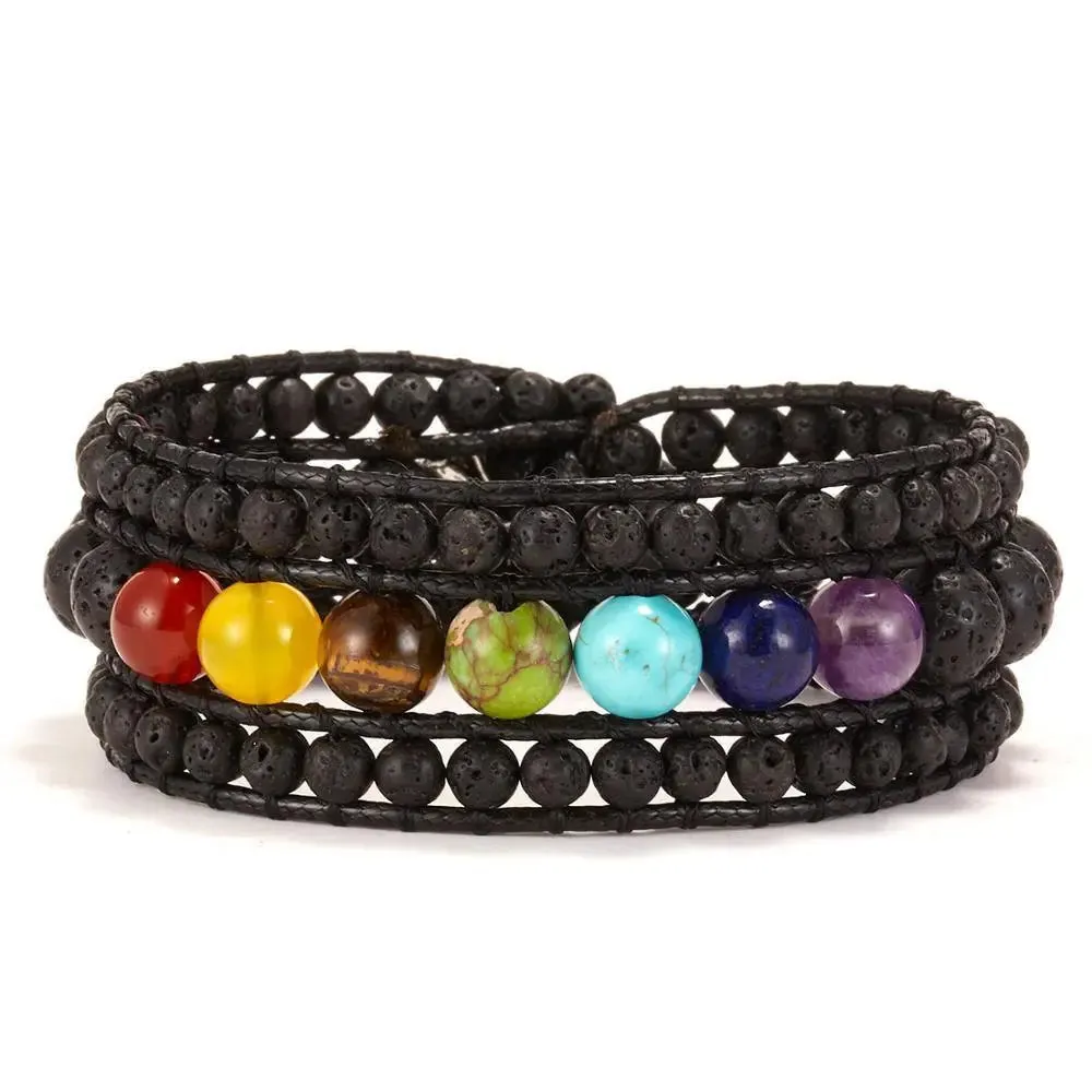 7 Chakra Black Lava Stone Wrap Bracelet