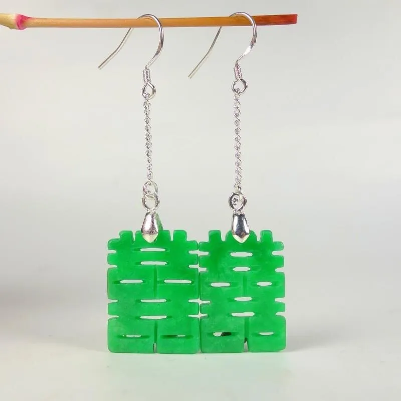 925 Silver Natural Green Jade Double Happiness Earrings DIY by Hand for Chinese Wedding