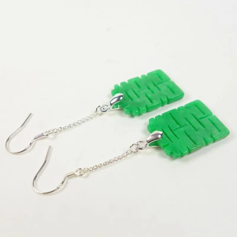 925 Silver Natural Green Jade Double Happiness Earrings DIY by Hand for Chinese Wedding