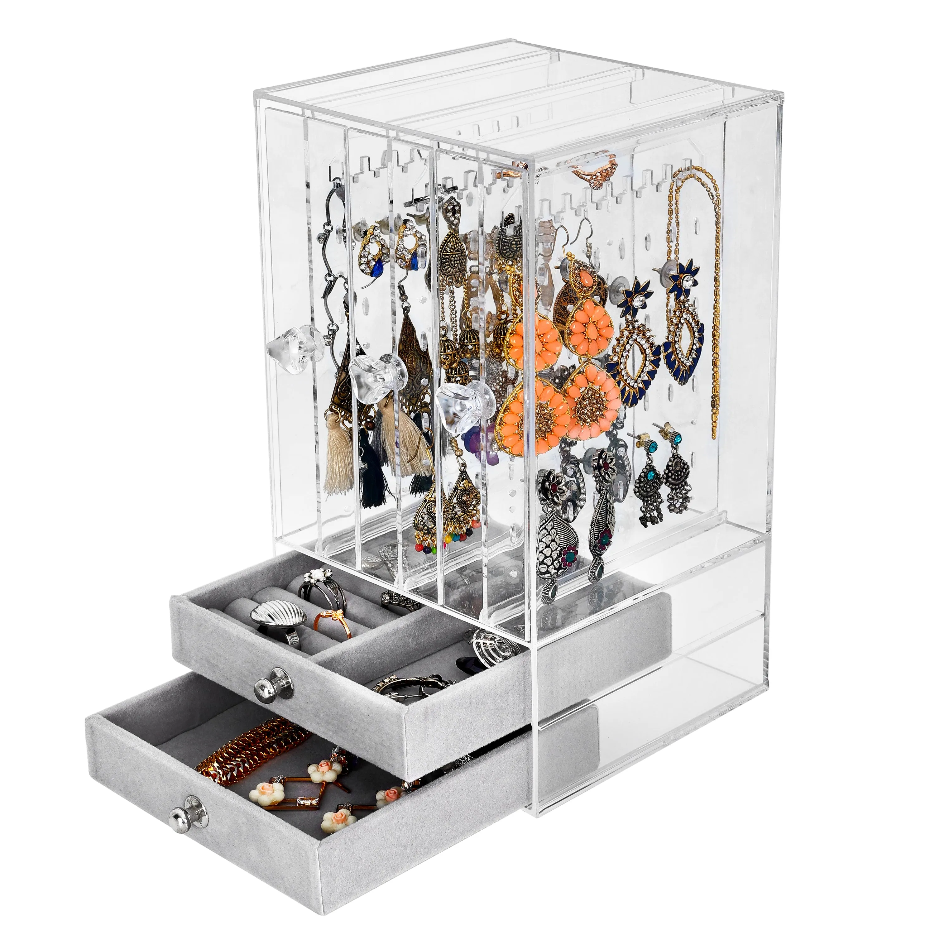 ABOUT SPACE Acrylic Earring Organizer Transparent Cosmetic Jewellery Box - 3 Layer Vertical Rack with Removable 2 Drawers (L13x13WxH24.5 cm)