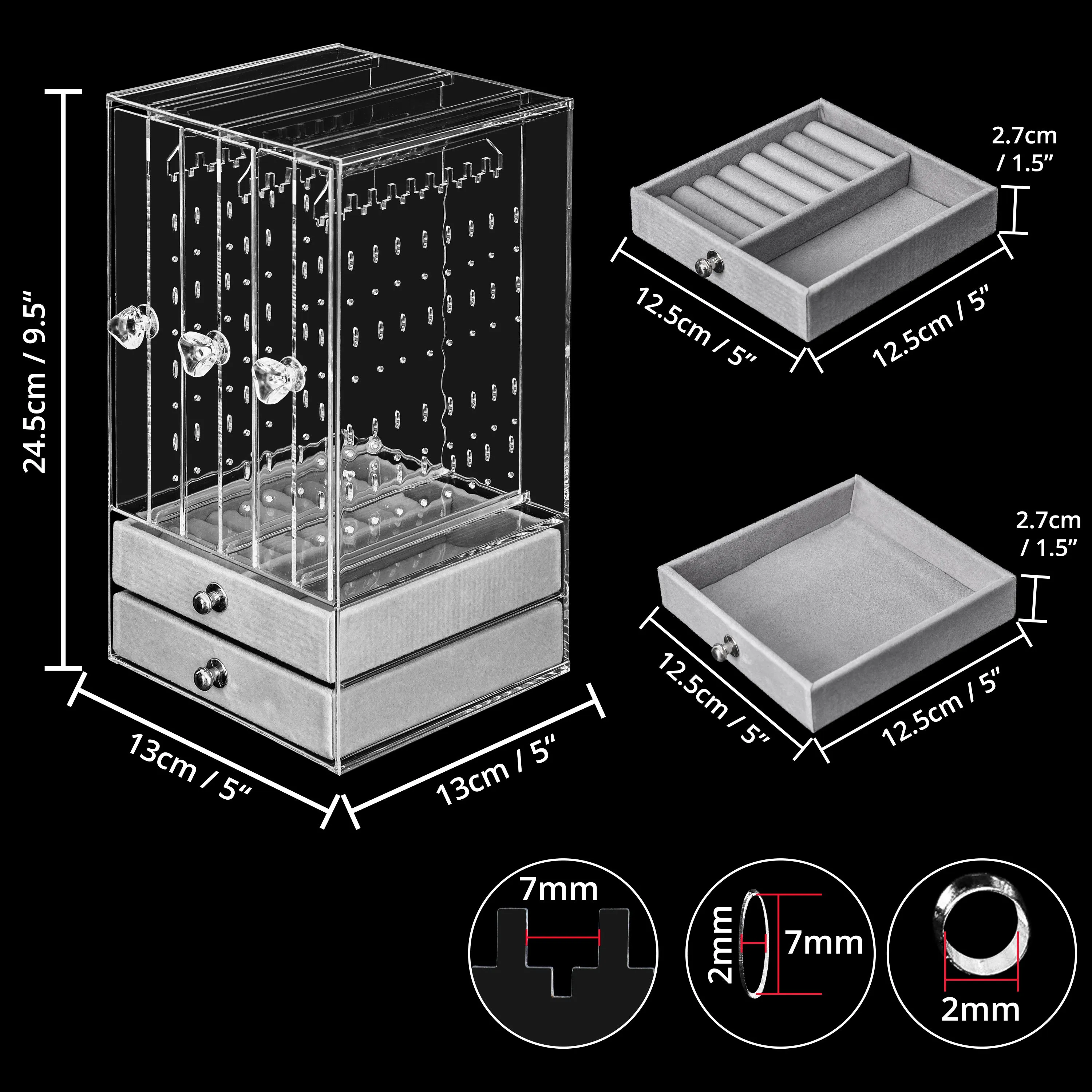 ABOUT SPACE Acrylic Earring Organizer Transparent Cosmetic Jewellery Box - 3 Layer Vertical Rack with Removable 2 Drawers (L13x13WxH24.5 cm)