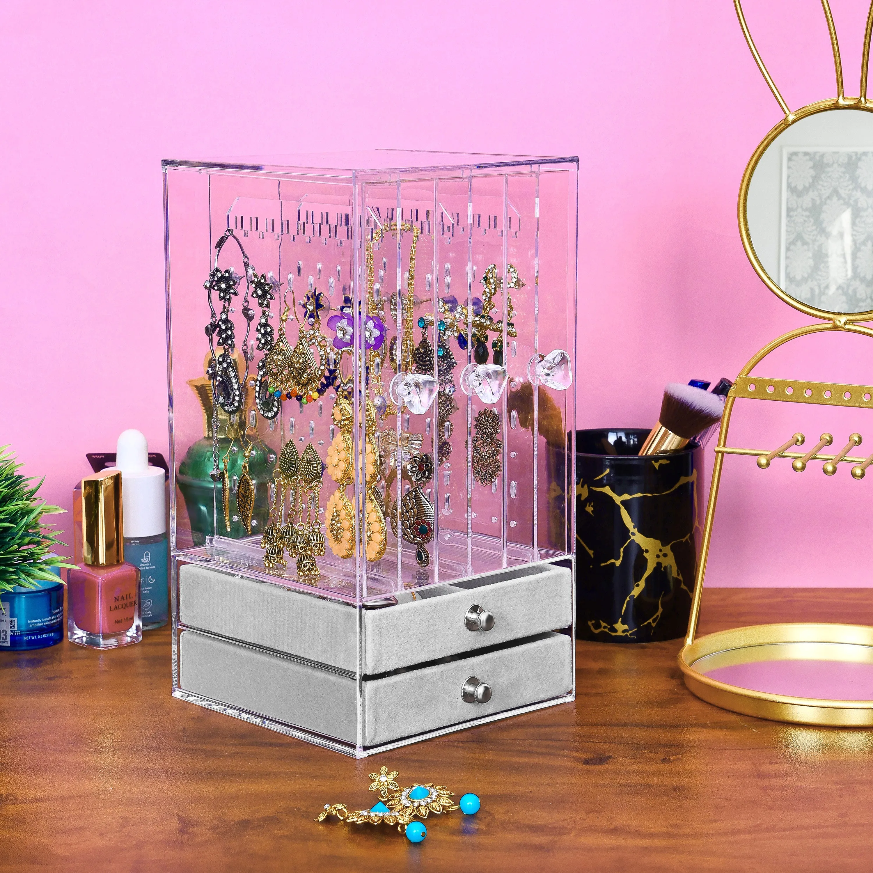 ABOUT SPACE Acrylic Earring Organizer Transparent Cosmetic Jewellery Box - 3 Layer Vertical Rack with Removable 2 Drawers (L13x13WxH24.5 cm)