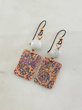 Acid etched copper earrings with moonstone