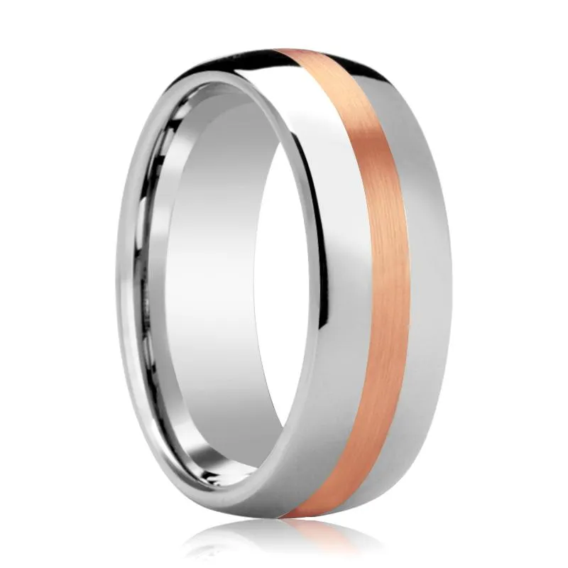 ALPHEUS | Silver Tungsten Ring, 14k Rose Gold Stripe, Domed