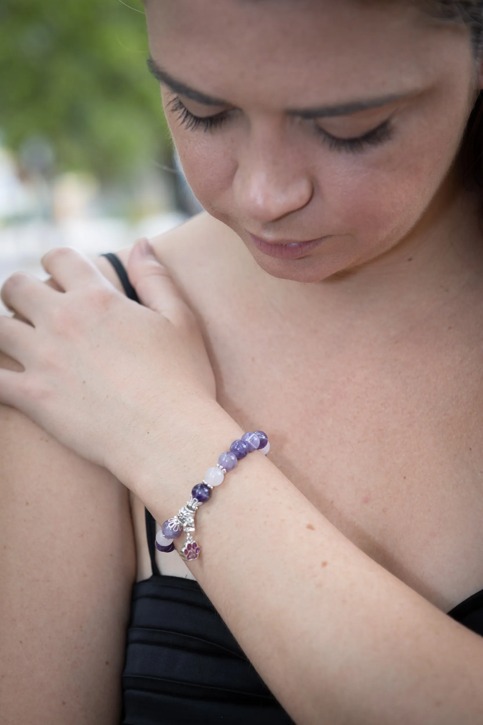 Amethyst Rose Quartz Pawprint Healing Bracelet with Cremation Ashes