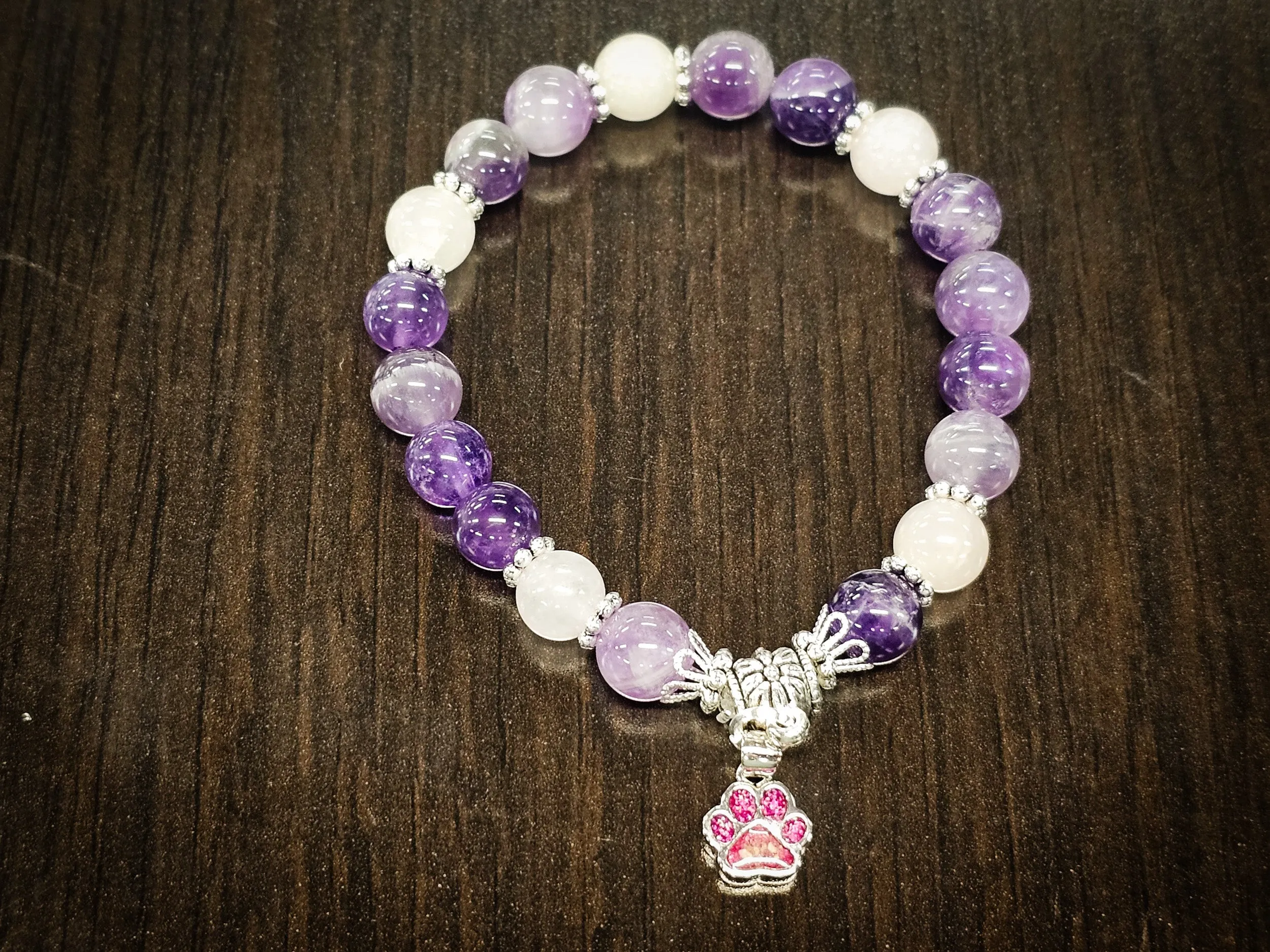 Amethyst Rose Quartz Pawprint Healing Bracelet with Cremation Ashes