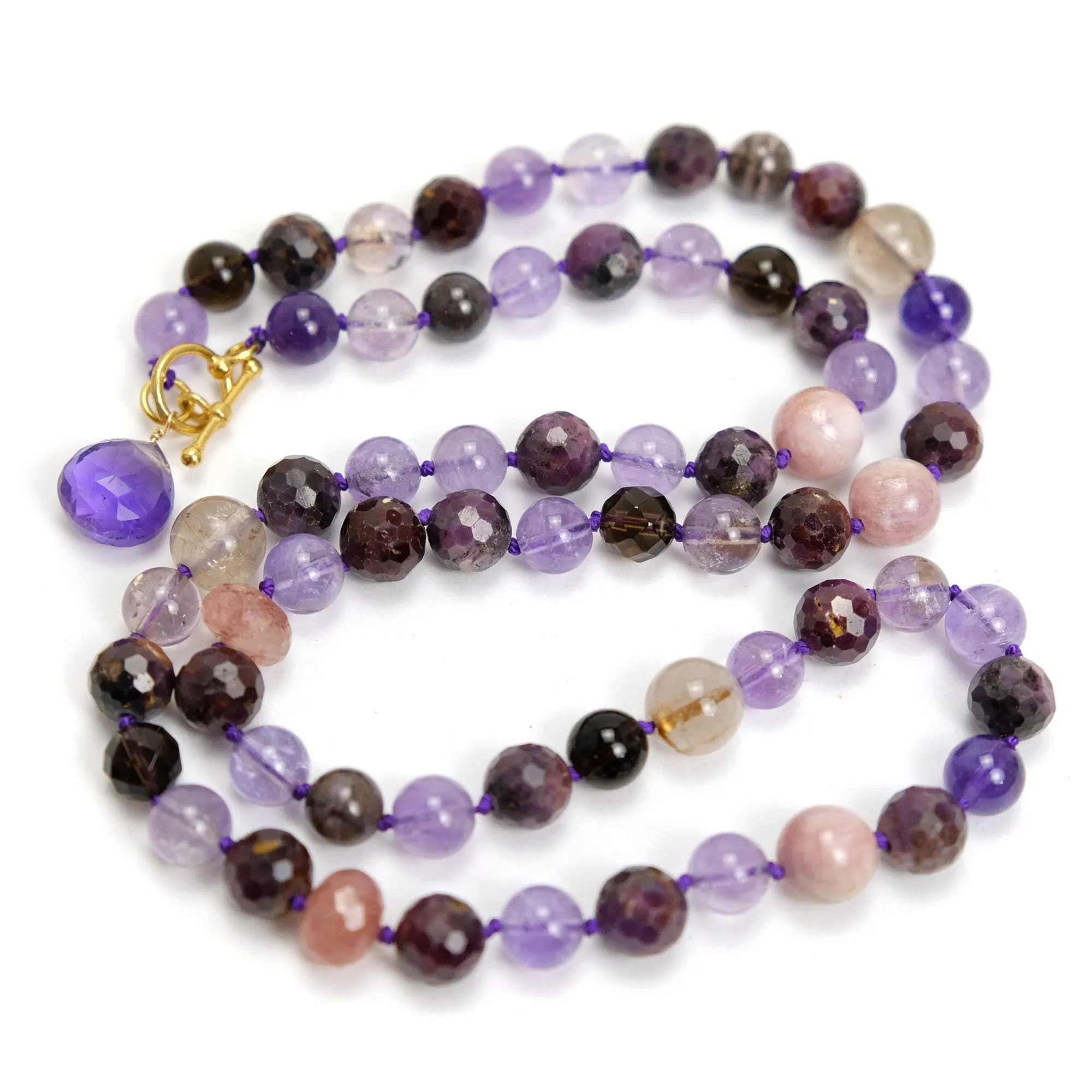 Amethyst   Ruby Knotted Necklace 8 to 10mm