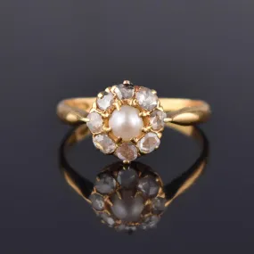 Antique Rose Cut Diamond Halo Pearl Ring in 18K Gold