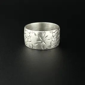 Antique Silver Engraved Forget Me Not Wide Ring, Sz 6.5