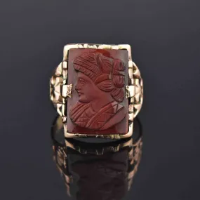 Antique Victorian Goddess Hera Tiger Eye Cameo Ring, Sz 9