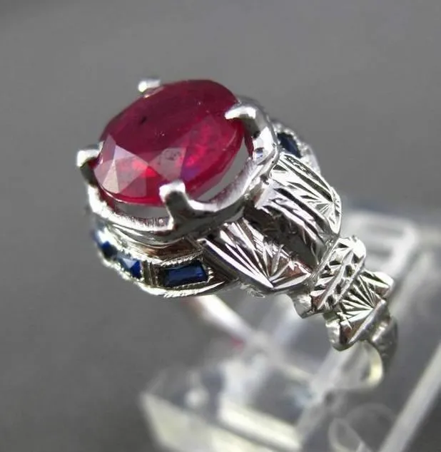 ANTIQUE WIDE 2.37CTW AAA RUBY & SAPPHIRE 14KT WHITE GOLD ENGAGEMENT RING #22129