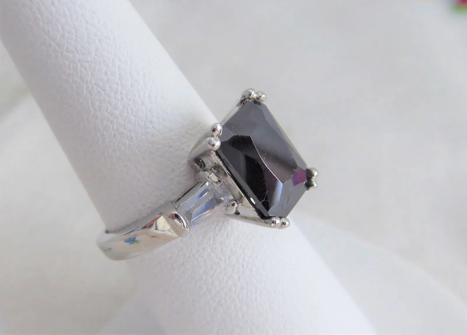 Art Deco Emerald Cut Black Czech Glass Ring Tapered Baguettes 1940s Bohemian