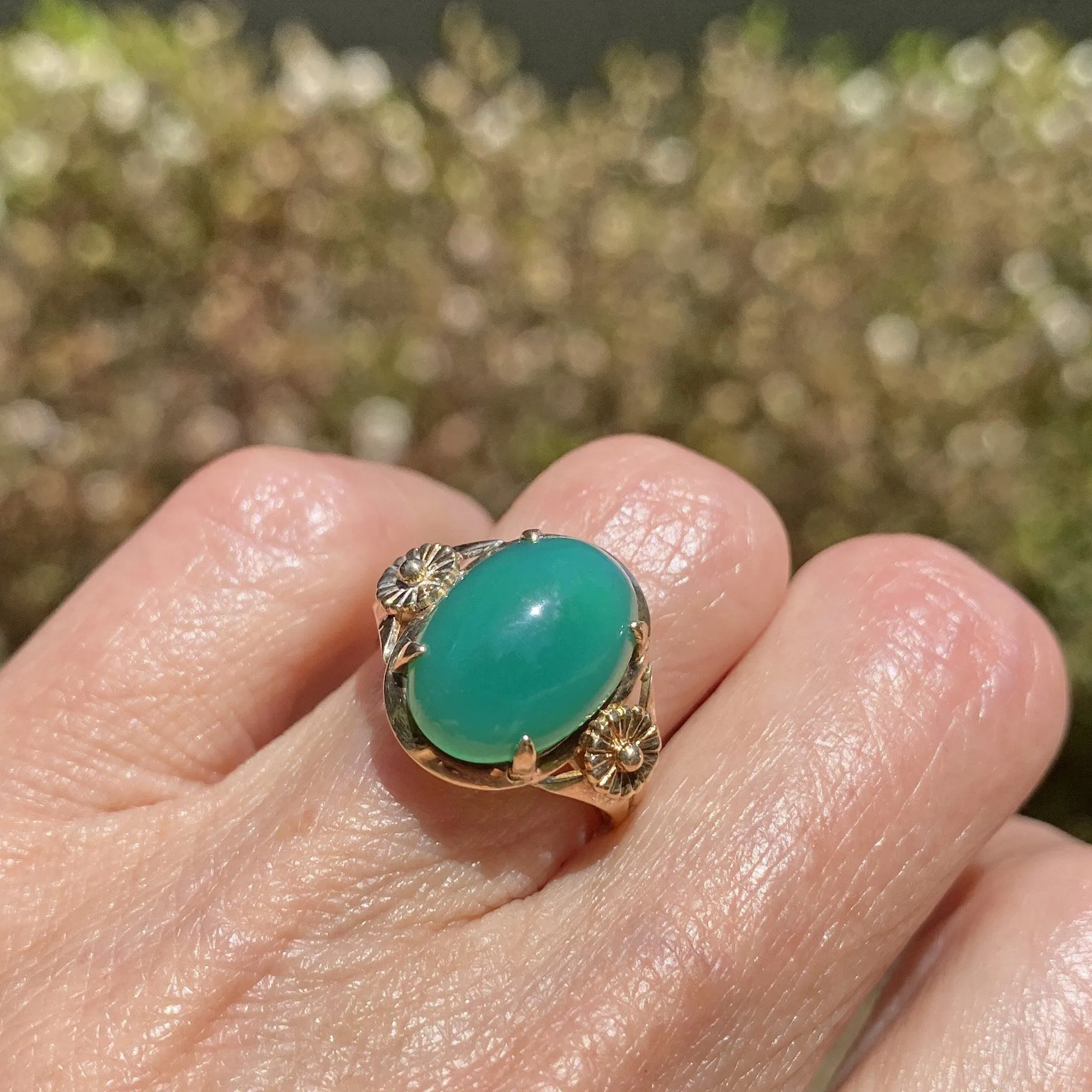 Art Deco Gold Green Chalcedony Chrysoprase Ring ON HOLD